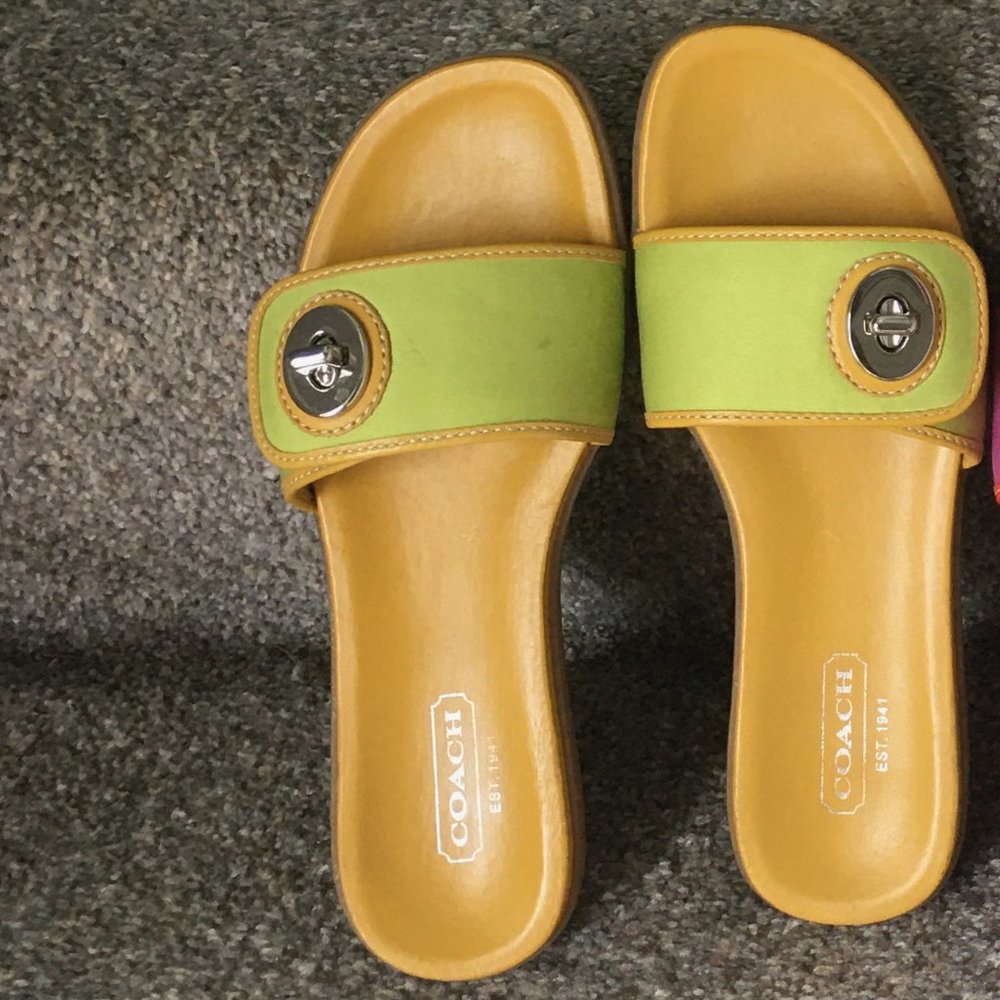 Coach Women's Yellow and Green Slide Sandals